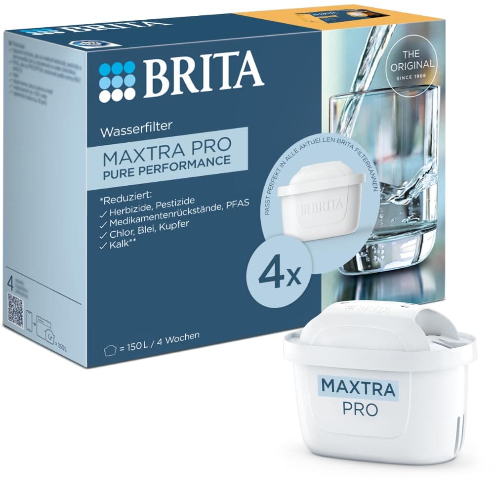 BRITA Wasserfilterkartusche MAXTRA PRO Pure Performance (All-in-1) 4er-Pack – Original Ersatz-Wasserfilter für alle BRITA-Kannen: reiner Wassergeschmack – filtert PFAS, Chlor, Kalk & Metalle