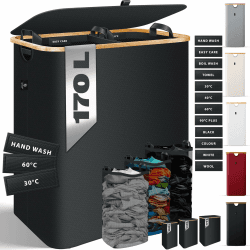 KESSER® Wäschekorb mit Deckel 2 Fächer faltbar 170 Liter Wäschebox Wäschetruhe Wäschekorb Wäschetonne | Wäschesammler mit 3x herausnehmbaren Wäschesäcke | Wäschesortierter mit Waschhinweisen Schwarz 170 L Schwarz Angebot bei HelloDeals