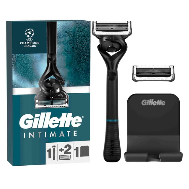 Gillette Body und Intimate Nassrasierer Herren, Rasierer + 2 Rasierklingen, mit Duschaufhänger für einfache Aufbewahrung, Geschenk für Männer Rasierer + 2 Klingen