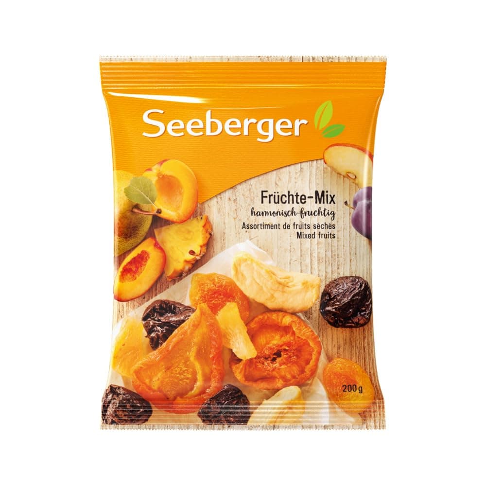 Seeberger Früchte-Mix 12er Pack, Harmonisch-fruchtige Mischung aus leckeren Birnen, Pfirsichen, Aprikosen, Pflaumen, Apfel- & Ananasstücken - entsteint, vegan (12 x 200 g) 200 g (12er Pack)
