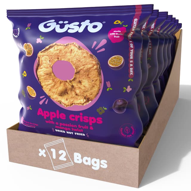 GUSTO SNACKS Knusprige Apfelchips mit Passionsfrucht- und Mangosaft, reich an Ballaststoffen, vegan, glutenfrei und vegetarisch. Gesunde Snackbox, fettarme getrocknete Fruchtchips - 20g (12 Tüten) Apfel - Passionsfrucht