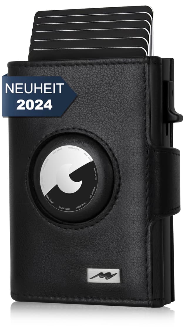 Marc Peter® Chicago Leder Push Air Slim Wallet - Airtag Geldbörse mit Münzfach - RFID Schutz kleines Mini Portmonee Leder Schwarz XL MÜNZFACH XL MÜNZFACH MIT AIRTAG FACH Schwarz