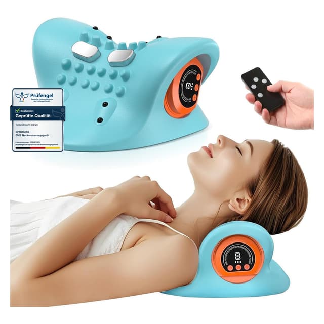 Nackenmassagegerät Elektrisch mit Wärme, 2025 Neu Kabelloses Hugterra Massager, Shiatsu Massagegerät, Zervikales Nacken Rücken Massagegerät mit 3 Modi, 6 Einstellbare Frequenzen (Blau)