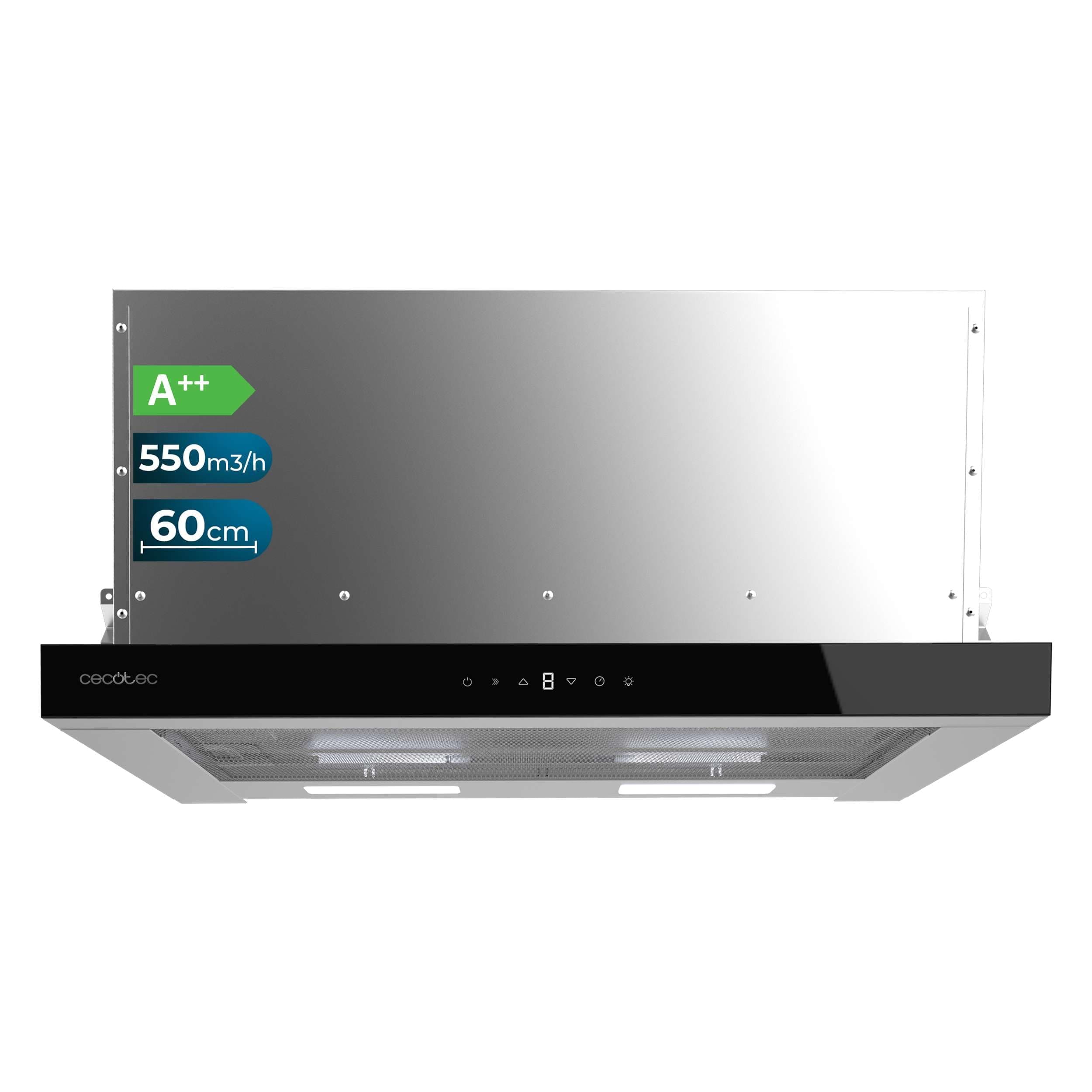 Cecotec Teleskop-Dunstabzugshaube, 60 cm Flux TLT 605500 Glass Black A++. Motor 70W, Niedriger Energieverbrauch, Front aus weißem Glas, Absaugung 550m³/h, Touch- und Gestensteuerung, Aktivkohlefilter.