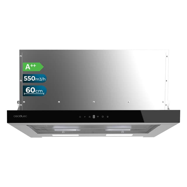 Cecotec Teleskop-Dunstabzugshaube, 60 cm Flux TLT 605500 Glass Black A++. Motor 70W, Niedriger Energieverbrauch, Front aus weißem Glas, Absaugung 550m³/h, Touch- und Gestensteuerung, Aktivkohlefilter.