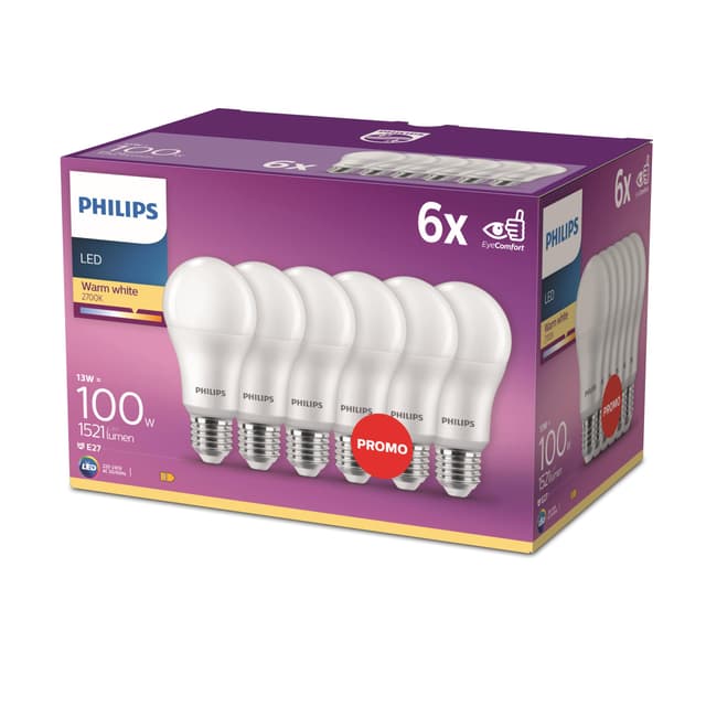 Philips LED Classic E27 Lampen 6-er Pack (100 W), matte LED Lampen mit warmweißem Licht, energiesparende Lampen mit langer Nutzlebensdauer, neue Generation neue Generation 6er Pack Ersatz für 100w