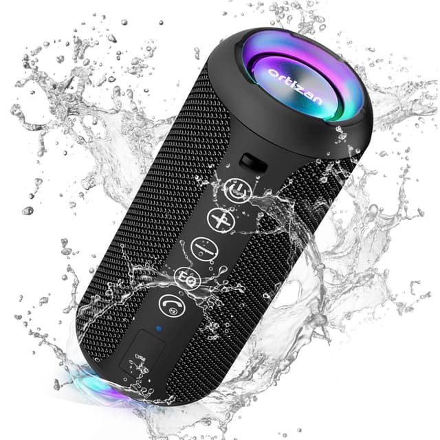 Ortizan Bluetooth Lautsprecher, Musikbox Bluetooth 5.3, Lautsprecher wasserdicht IPX7, RGB Licht, 30h Akku, Bass Boost, TWS Paarung, AUX, TF Karte, Eingebautes Mikrofon für Reisen Camping Holzkohle schwarz