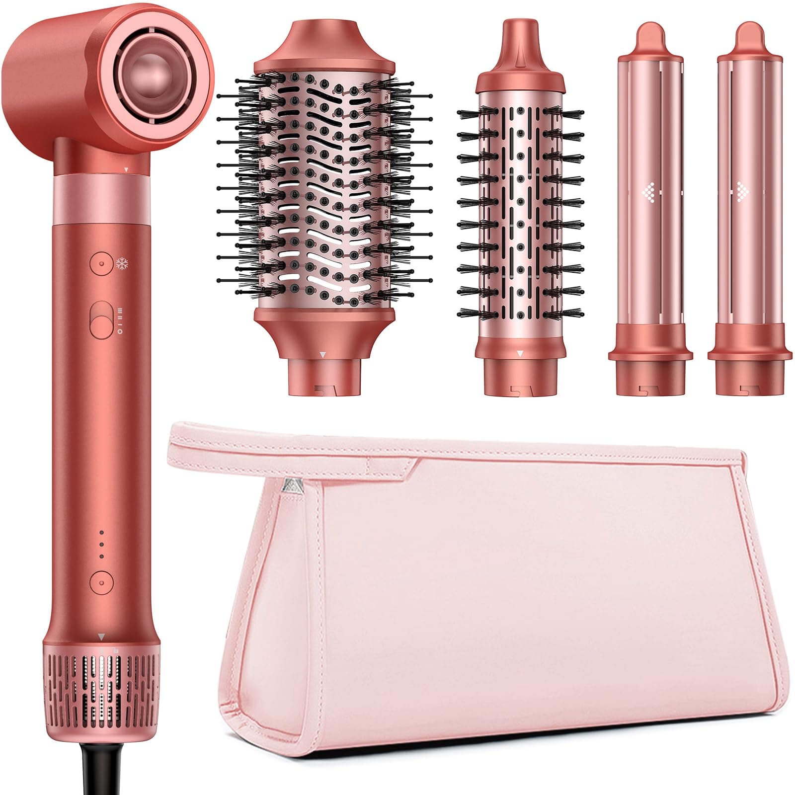 HITTIONA Airstyler 5 in 1 mit Lockenstab Auto-Wrap, und High Speed Ionen Föhn, Multi-Hairstyler für Schnelltrocknend, Keine Hitzeschäden, Flauschige Locken & Seidiges Haar, mit Reisetasche Erdbeerrot