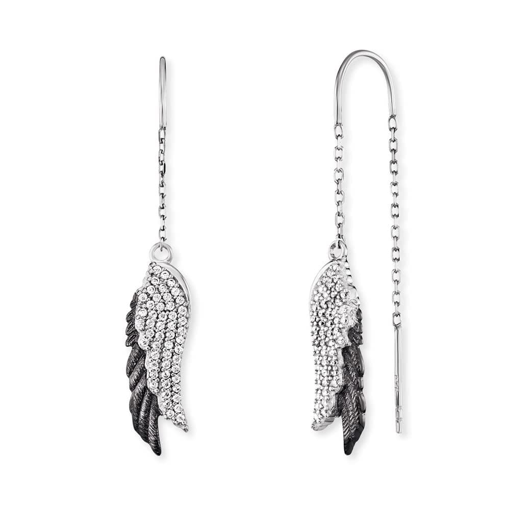 Engelsrufer Damen Ohrhänger aus Sterling Silber mit Flügel Anhänger in silber/schwarz - besetzt mit 102 Zirkonia Steinen - Hakenverschluss - nickelfrei - 11,5mm Single