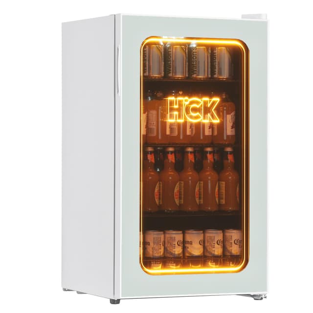 HCK 98L Getränkekühlschrank und Kühler, 105 Dosen Mini-Kühlschrank mit Glastür, 3D Orange Licht kleiner Kühlschrank mit verstellbaren Regalen für Soda Bier oder Wein, perfekt für Haus/Bar/Büro (Weiß) Kühlschrank mit orangener LED 98L