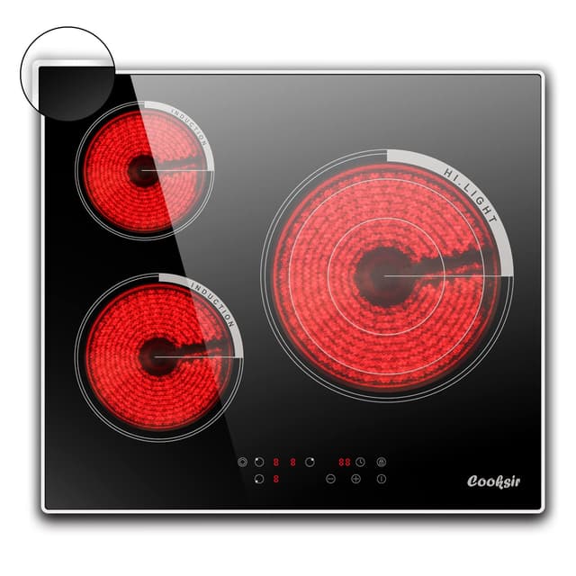 Cooksir Glaskeramikkochfeld mit Rahmen, Kochfeld 3 platten, 5700W, 60cm, Einbau Glaskeramikkochfeld 3 Zonen, Glaskeramik Kochplatte mit Infrarot-Wärme, 9 Leistungsstufe, Kein Stecker 59CM 3er mit 3 Außenringen Modus