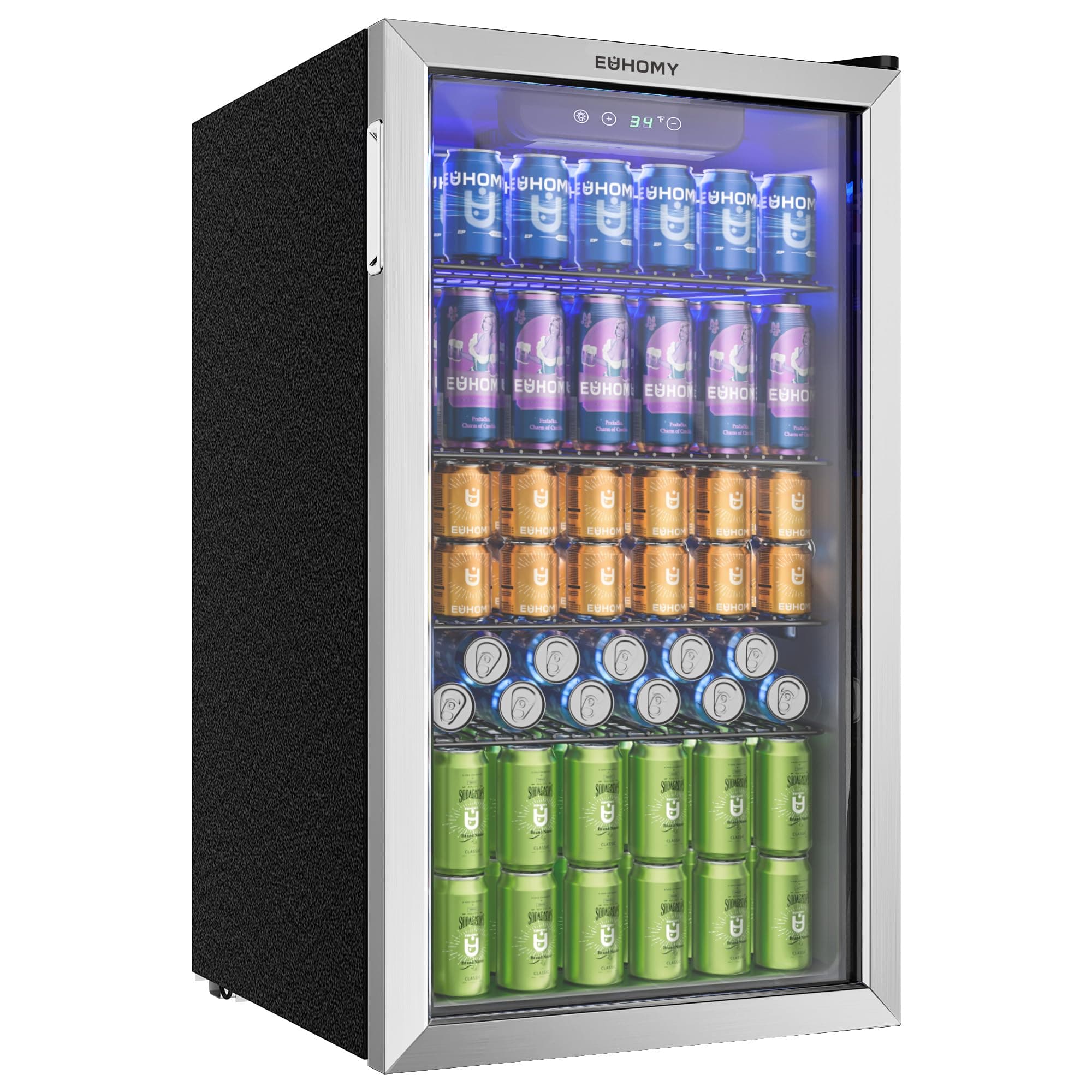 EUHOMY Getränkekühlschrank, Minikühlschrank für 126 Dosen mit Glastür, kleiner Kühlschrank mit verstellbaren Regalen für Limonade, Bier oder Wein, perfekt für Zuhause/Bar/Büro, Silber, Edelstahl 90L-Silber