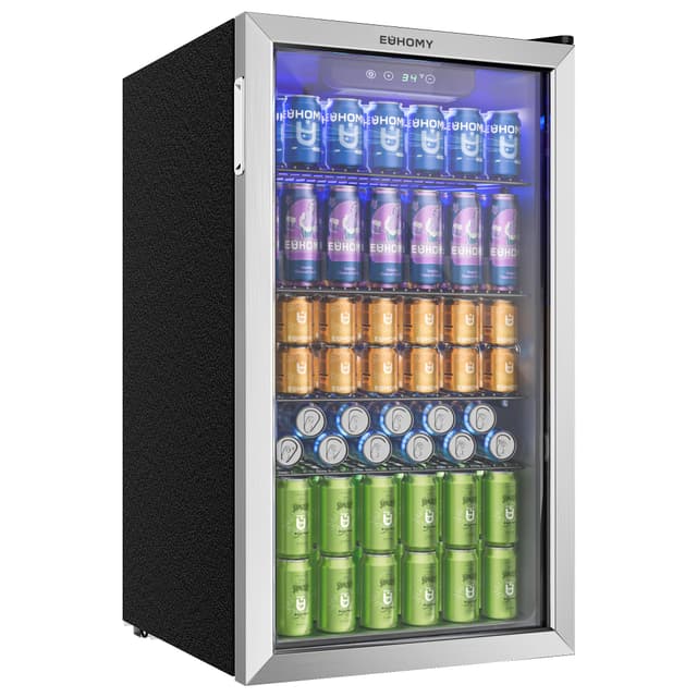 EUHOMY Getränkekühlschrank, Minikühlschrank für 126 Dosen mit Glastür, kleiner Kühlschrank mit verstellbaren Regalen für Limonade, Bier oder Wein, perfekt für Zuhause/Bar/Büro, Silber, Edelstahl 90L-Silber