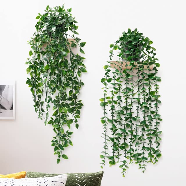 Betylifoy 2 Stück Künstliche Hängepflanzen mit Töpfen 50 cm Lange Künstliche Efeuranken Eukalyptusblätter Mandala Grüne Pflanzen für Zuhause Indoor Outdoor Dekor