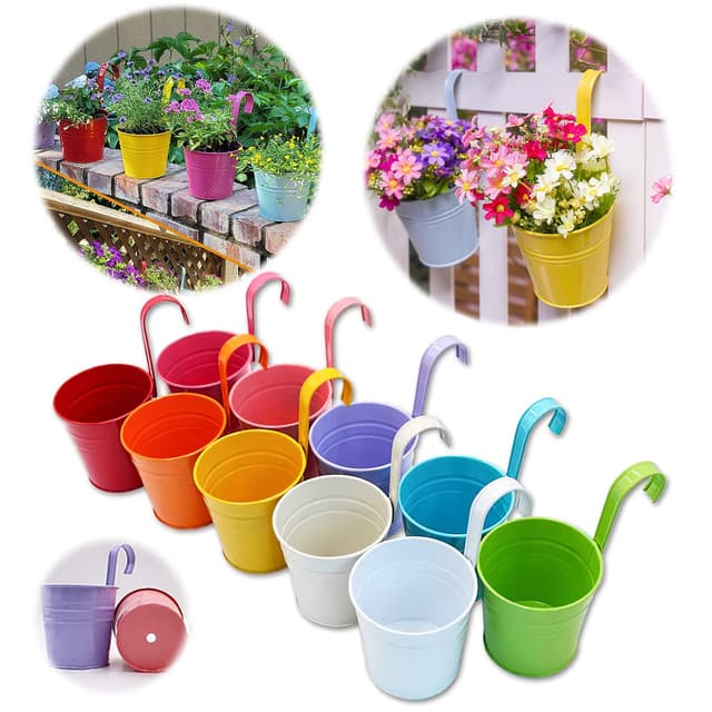 GIOVARA Metall-Blumentopf, Blumenampel für Pflanzen, 10 Stück Bunte Blumentöpfe zum Aufhängen, hänge Blumentopf mit Ablaufloch, Balkontopf mit Abnehmbarer Haken 26x13.5x9.5cm