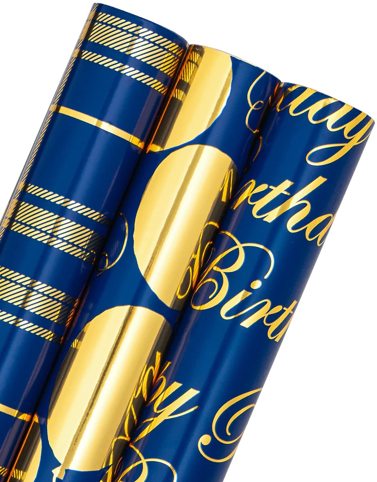 RUSPEPA Geschenkpapierrolle zum Geburtstag – Minirolle – 3 Rollen – 43,2 cm x 3,05 m pro Rolle – Blaues und goldenes Foliendesign für Party, Urlaub, Babyparty Blau und Gold – Ballon und Streifen