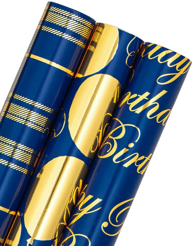 RUSPEPA Geschenkpapierrolle zum Geburtstag – Minirolle – 3 Rollen – 43,2 cm x 3,05 m pro Rolle – Blaues und goldenes Foliendesign für Party, Urlaub, Babyparty Blau und Gold – Ballon und Streifen