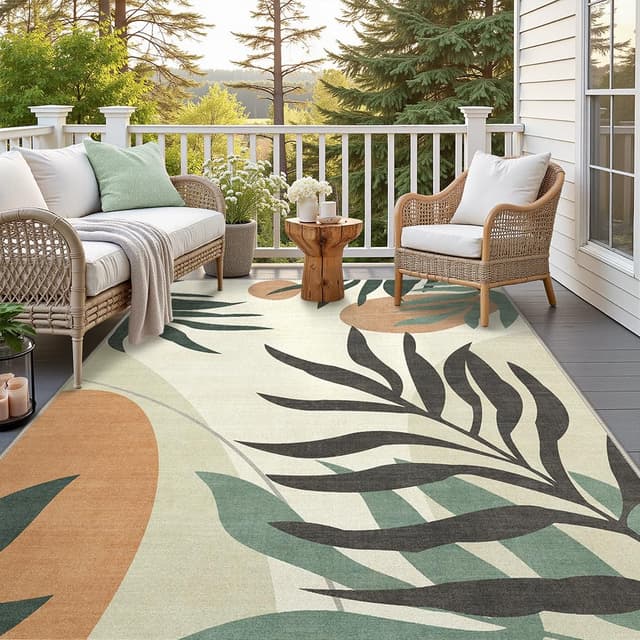 GENIMO Innen & Outdoor Teppich Wetterfest Waschbarer Teppich für Terrasse, Wohnzimmer, Balkon, 240x300CM, Beige&Grün Beige & Grün 240 x 300 cm (Rechteckig)