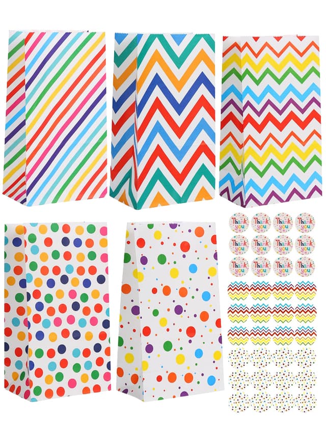 Bunte Geschenktüten Kindergeburtstag 24 Stück | Regenbogen Farbe Papiertüten Partytüten Geburtstagstüten | Geschenk Mitgebsel Candy Tüten Kraftpapier | Geschenkverpackung Hochzeit | 24 Aufkleber