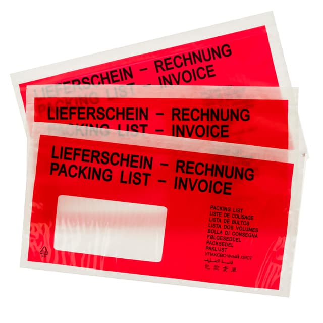 LOGIC PACK Lieferscheintaschen DIN DL 225x110 mm Transparent – 1000 Stück, Dokumententaschen selbstklebend transparent, Rechnungstaschen für A5, Begleitpapiertaschen LDPE mit rot/schwarz Aufdruck 1000 Stück DL (225 x 110 mm) Rot