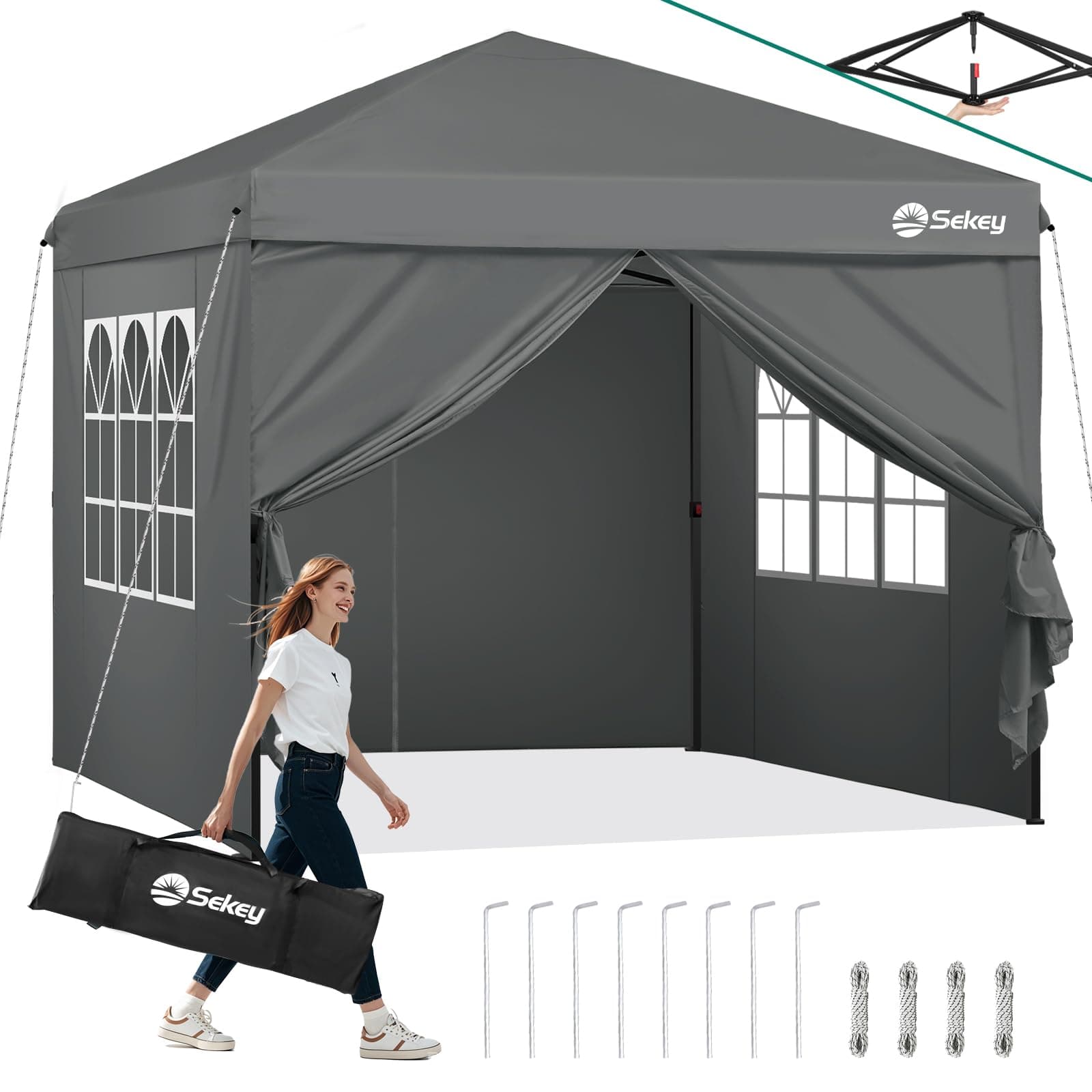 Sekey Pop Up Pavillon 3x3 Wasserdicht Stabil Winterfest, Faltpavillon 3 x 3 m, Camping Pavillion Faltbar Partyzelt mit Seitenwänden, Höhe Verstellbar in 3 Stufen, Grau Grau Höhe 260