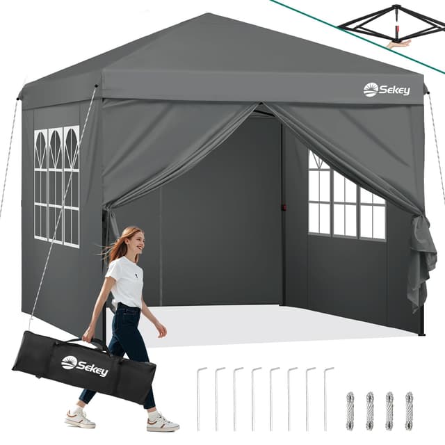 Sekey Pop Up Pavillon 3x3 Wasserdicht Stabil Winterfest, Faltpavillon 3 x 3 m, Camping Pavillion Faltbar Partyzelt mit Seitenwänden, Höhe Verstellbar in 3 Stufen, Grau Grau Höhe 260