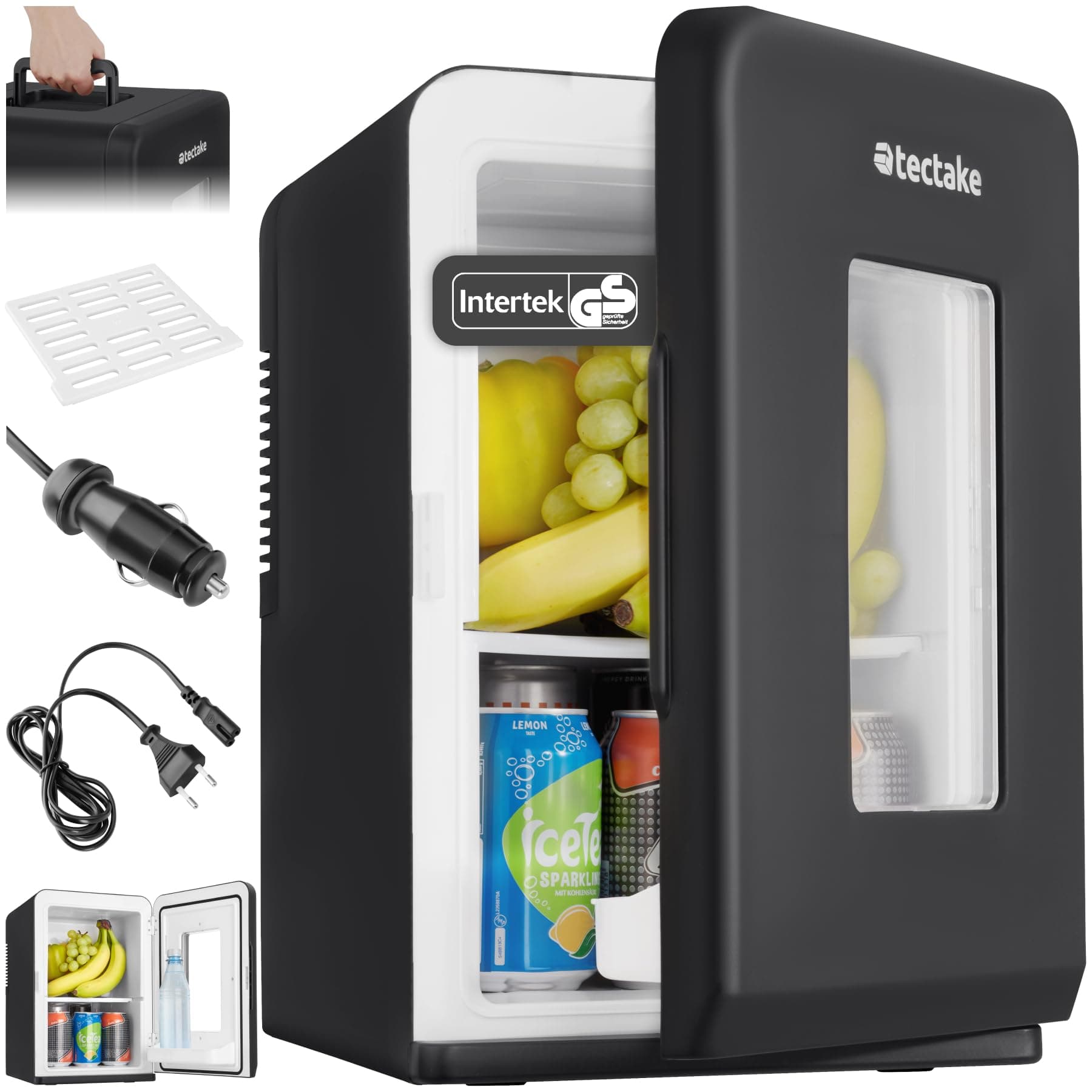 tectake® 2 in 1 Mini Kühlschrank mit Kühl- und Heizfunktion, tragbarer Kühlschrank mit Tragegriff, Steckdose, Zigarettenanzünder, Sichtfenster, Kühlschrank klein für Auto Büro Camping Garten, schwarz