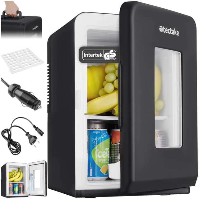 tectake® 2 in 1 Mini Kühlschrank mit Kühl- und Heizfunktion, tragbarer Kühlschrank mit Tragegriff, Steckdose, Zigarettenanzünder, Sichtfenster, Kühlschrank klein für Auto Büro Camping Garten, schwarz