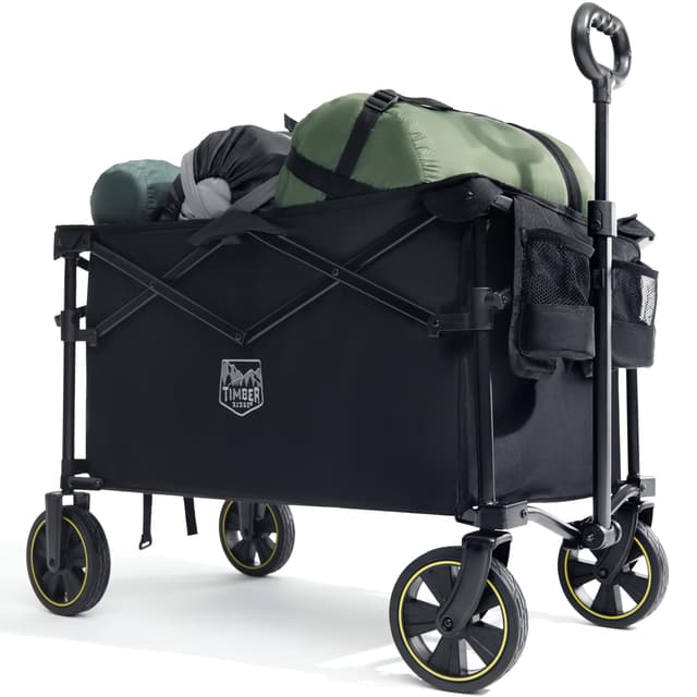 TIMBER RIDGE Bollerwagen Faltbar 200L mit Getränkehalter Verstellbarem Griff, Gartenwagen für Alle Gelände, Draussen Camping Einkaufen, 100kg Belastbarkeit Schwarz