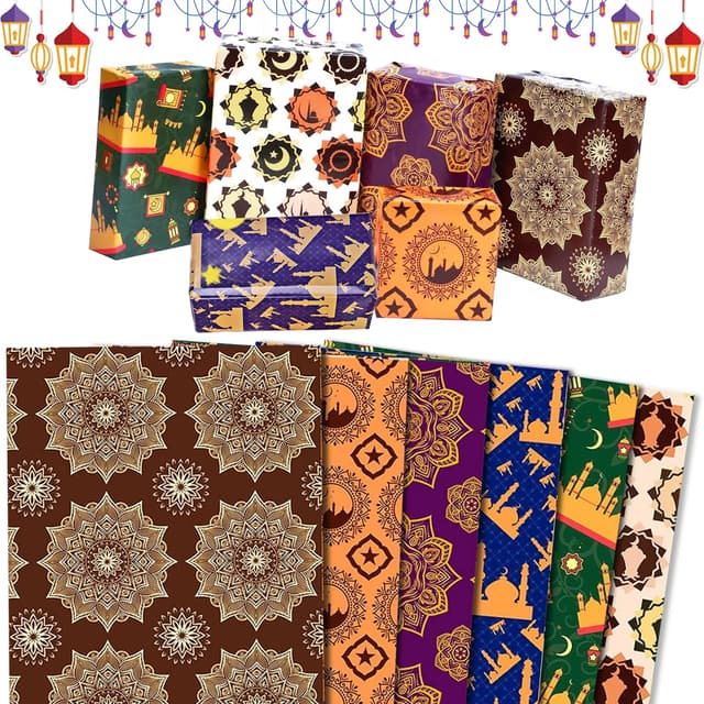 SOETDERT Eid Mubarak Geschenkpapier, Ramadan Geschenkpapier mit Stern Mond, Ramadan Mubarak Geschenk Verpackung Papier für Islamische Muslimische Geschenkverpackung Dekoration (6pcs)