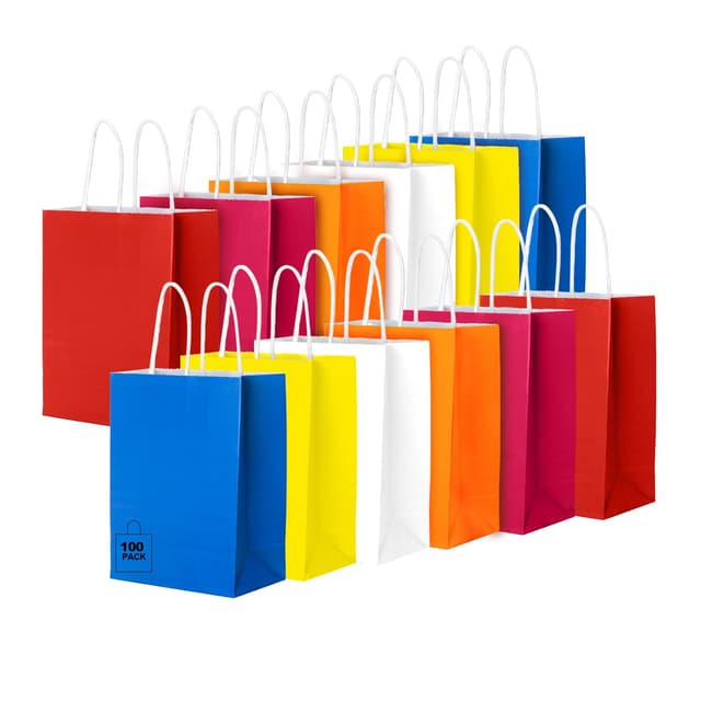 CHARMGIFTBOX 100 Stück Bunte Papiertüten mit Henkel, Geburtstagsgeschenktüte, kleine Geschenktüten Papier für Kinder- und Erwachsenenpartys, Fest, Hochzeiten, Babypartys, Junggesellinnenabschiede Bunt, 100 Stück