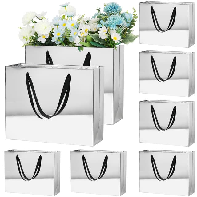 NAHRMY 8 Stück Geschenktüten, 32x25x10 cm Papiertüten Geschenktaschen Partytüten für Geburtstag Hochzeit Taufe Partei Laden Einzelhandels-Taschen Silber 8 PCS/32 x 25 x 10 cm
