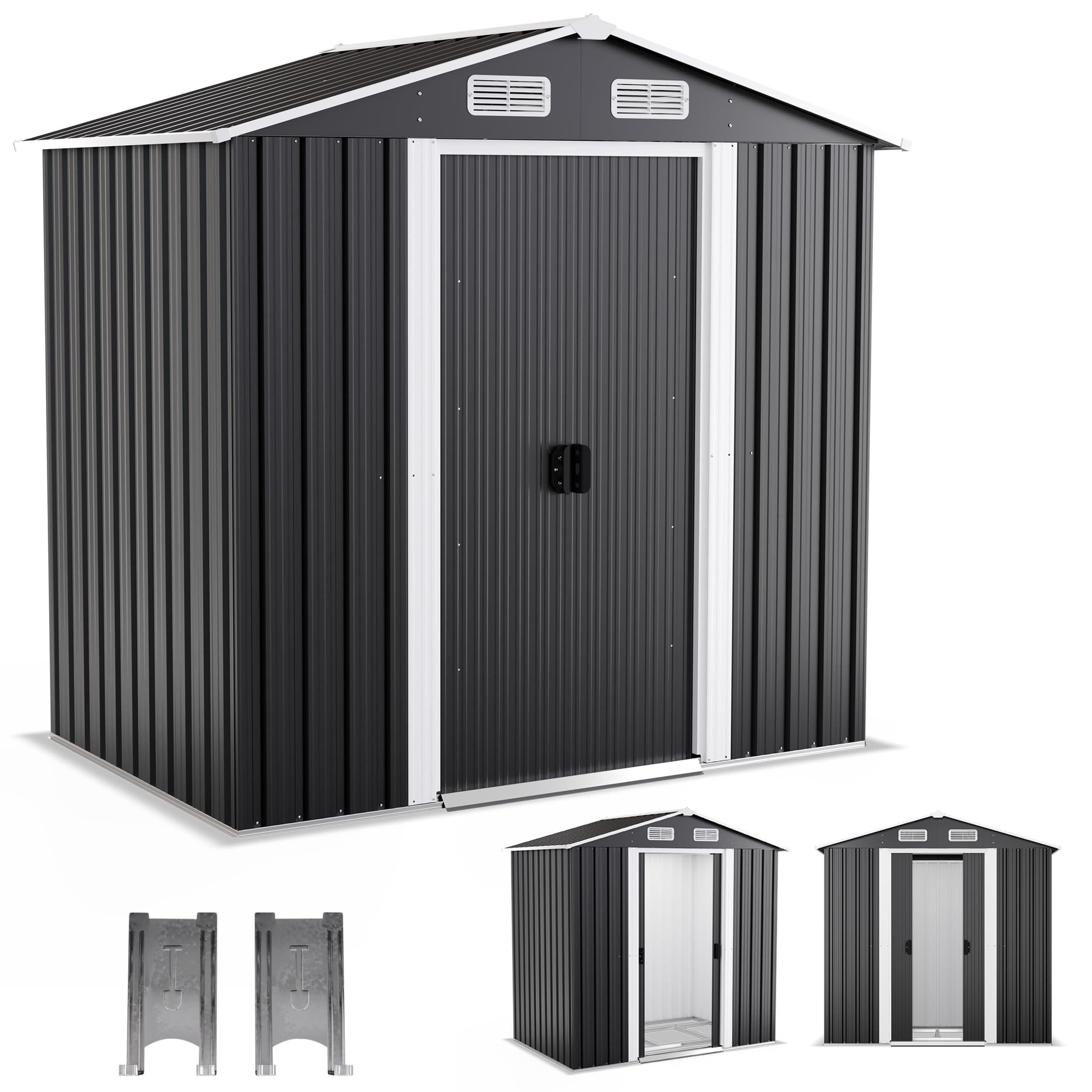 ONBEST Premium Metall Gerätehaus mit Fundament & Schiebetür – Geräteschuppen Gartenhaus Metallgerätehaus in anthrazit – 3 Größen zur Wahl (2,4m2)