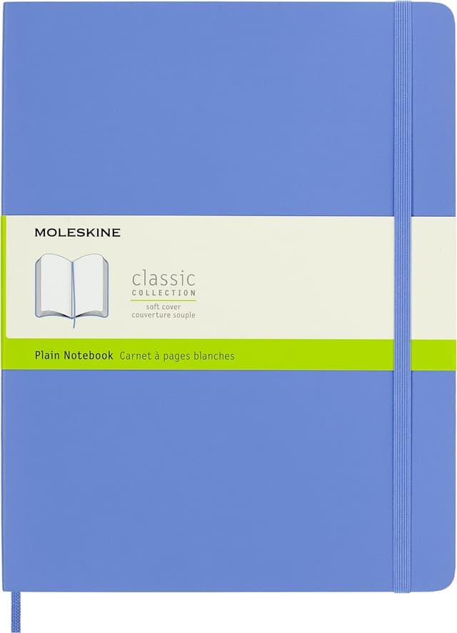 Moleskine - Klassisches Notizbuch, Notizbuch mit weißen Seiten, Weicher Einband und elastischer Verschluss, Größe XL 19 x 25 cm, Farbe Hortensienblau, 192 Seiten