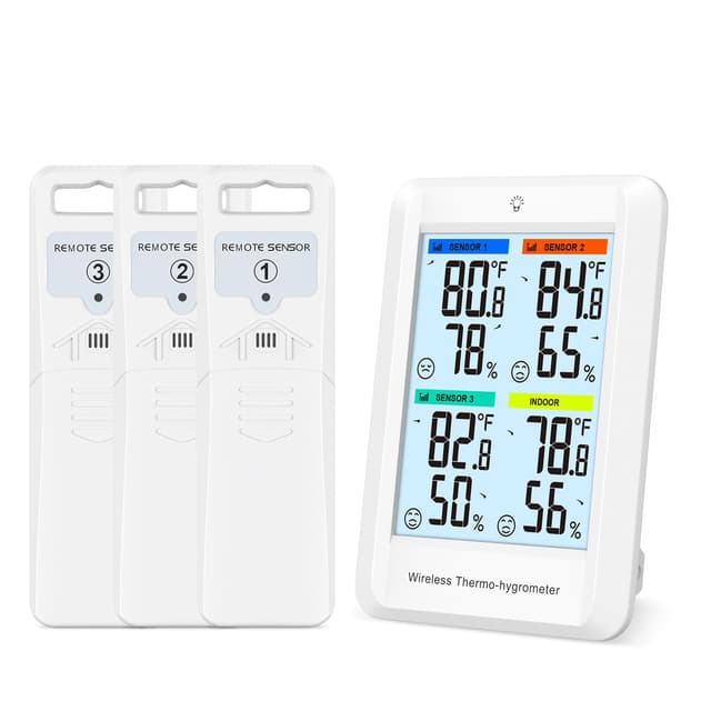 LOFICOPER Digitales Thermometer, Hygrometer, für den Außenbereich, kabellose Wetterstation, Kühlschrankthermometer mit 3 Sensoren, 100 m Übertragungsreichweite, Alarmfunktion und Trend