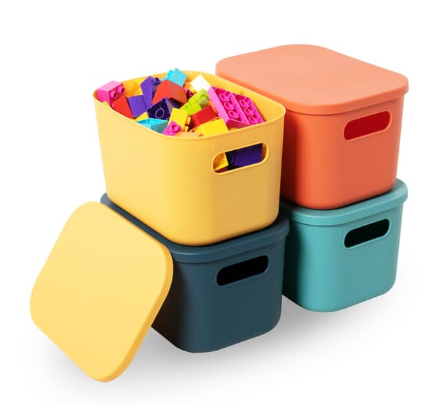 HapiLeap Aufbewahrungsbox mit Deckel, Stapelbare Aufbewahrungsbehälter mit Deckel Boxen Aufbewahrung für Regale, Küche, Badezimmer, Büro, Kinderzimmer, 24.5 x 17.5 x 16cm (Small (4 PCS))