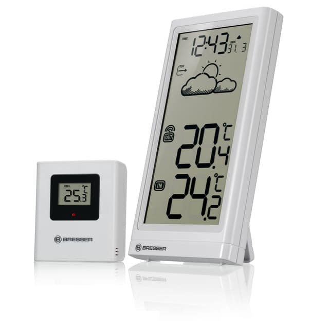 Bresser Wetterstation Funk mit Außensensor Meteo Temp, Thermometer mit Temperaturanzeige für Innen- und Außen, Wettervorhersage, mit ausklappbarem Standfuß und Wandhalterung, weiß Weiß Single