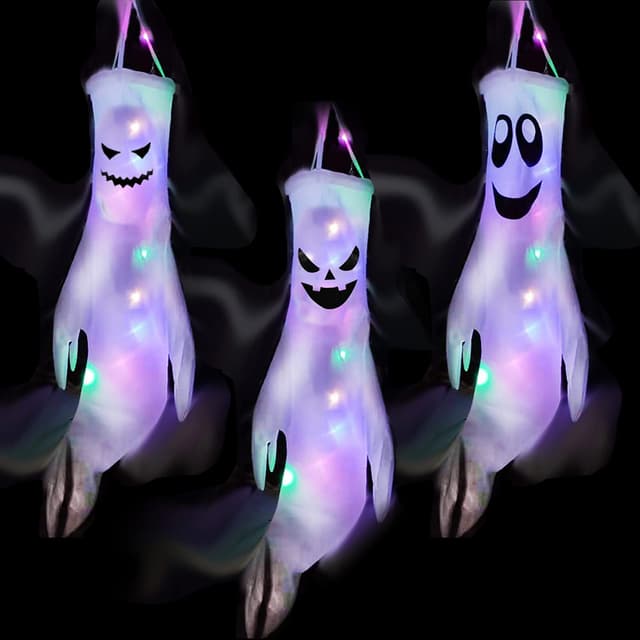 3 Stück Halloween Deko Hängen Geist Mit Warmweißen LED Lichtern, 120x50cm Halloween Windsack Dekoration, Biegbar Geisterflagge Windsocken Geistergesicht,Für Garten,Hof,Terrasse,Rasen,Party(A) TypA