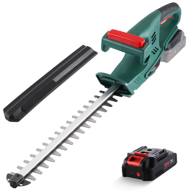 Akku Heckenschere, POSENPRO Elektro Heckenschere Elektrischer Heckenschneider, 45cm Schnittlänge, 20V Akku 2,0 Ah mit Ladegerät, 14mm Zahnabstand Dual Schnittklingen, Ideal für Hohe Hecken 45cm Klingenlänge + 1x2Ah Akku & Ladegerät