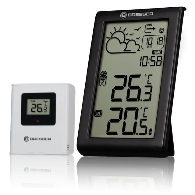 Bresser Wetterstation Funk mit Außensensor Meteo Temp W, innen und außen Thermometer, Wettervorhersage, Frostwarnung, DCF-Funkuhr, großes Display, digital, Schwarz