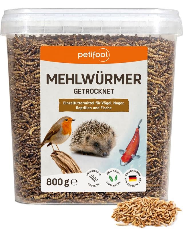 petifool Mehlwürmer 800g – getrocknete Mehlwürmer - gesunder Insektensnack für Schildkröten, Fische, Vögel, Reptilien und Nager 800 g (1er Pack)