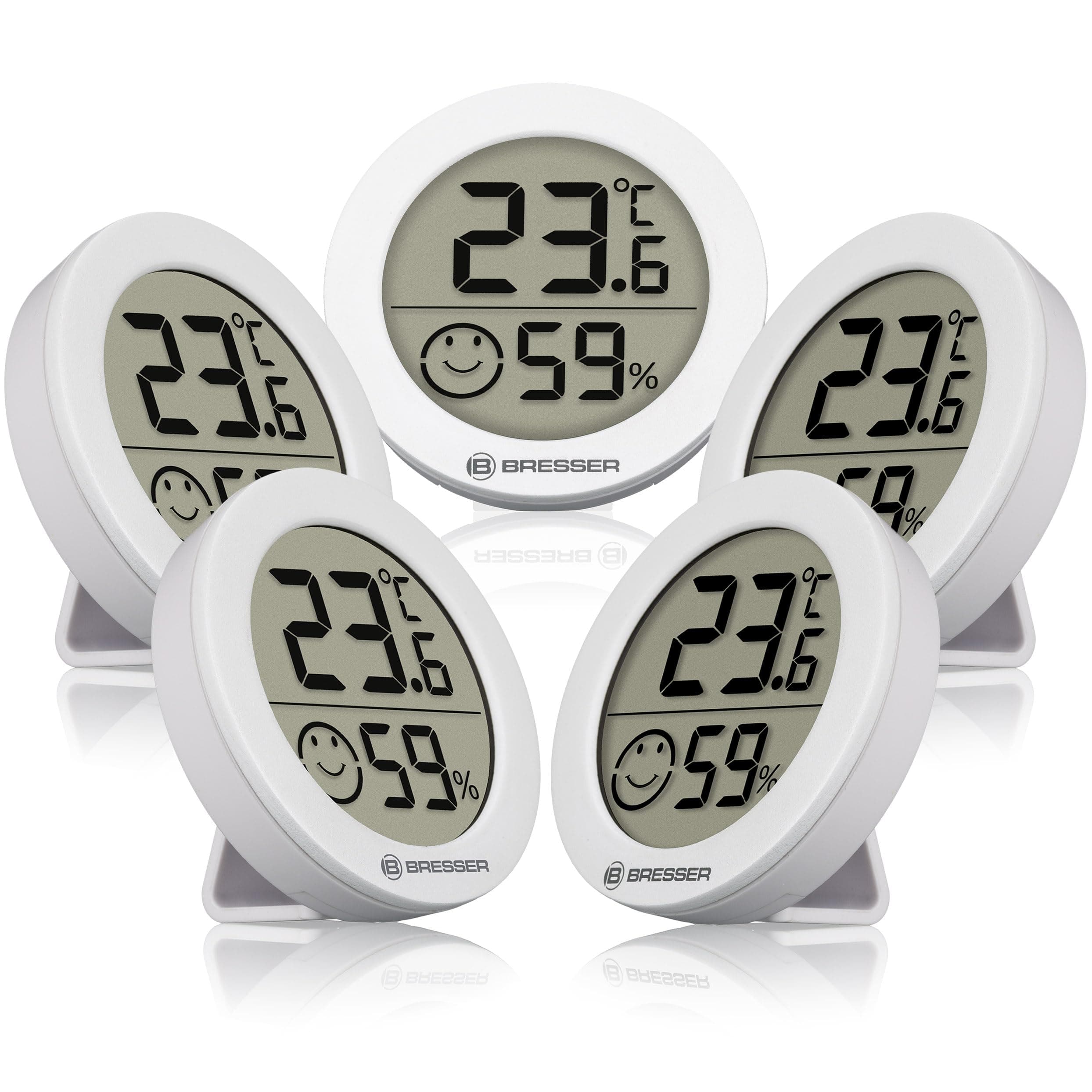 Bresser Thermo-/Hygrometer Smile 5er-Set, Raumklima Klimamessgerät, Temperaturmesser Innen, Luftfeuchtigkeitsanzeige, Schimmel Vorbeugung, Komfortindikator Klima