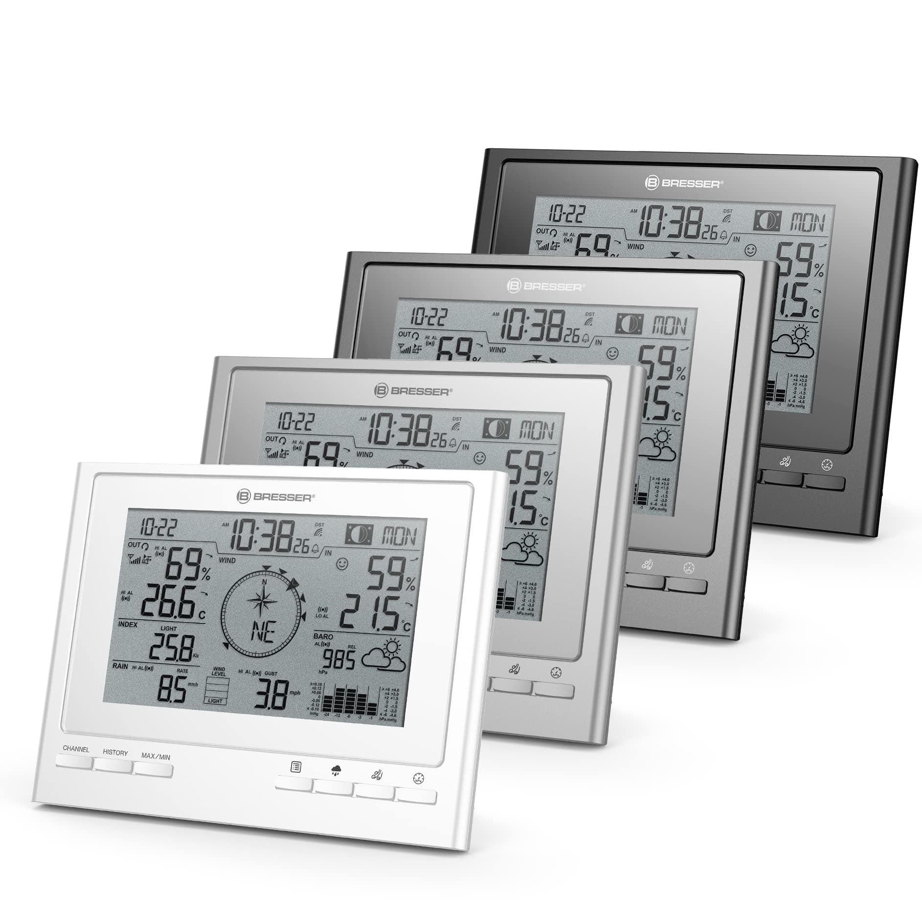 Bresser zusätzliche Basisstation für 7003100 ClimateScout Wetter-Center 7-in-1 Funk Wetterstation mit Farbdisplay und integriertem Wecker, Silber