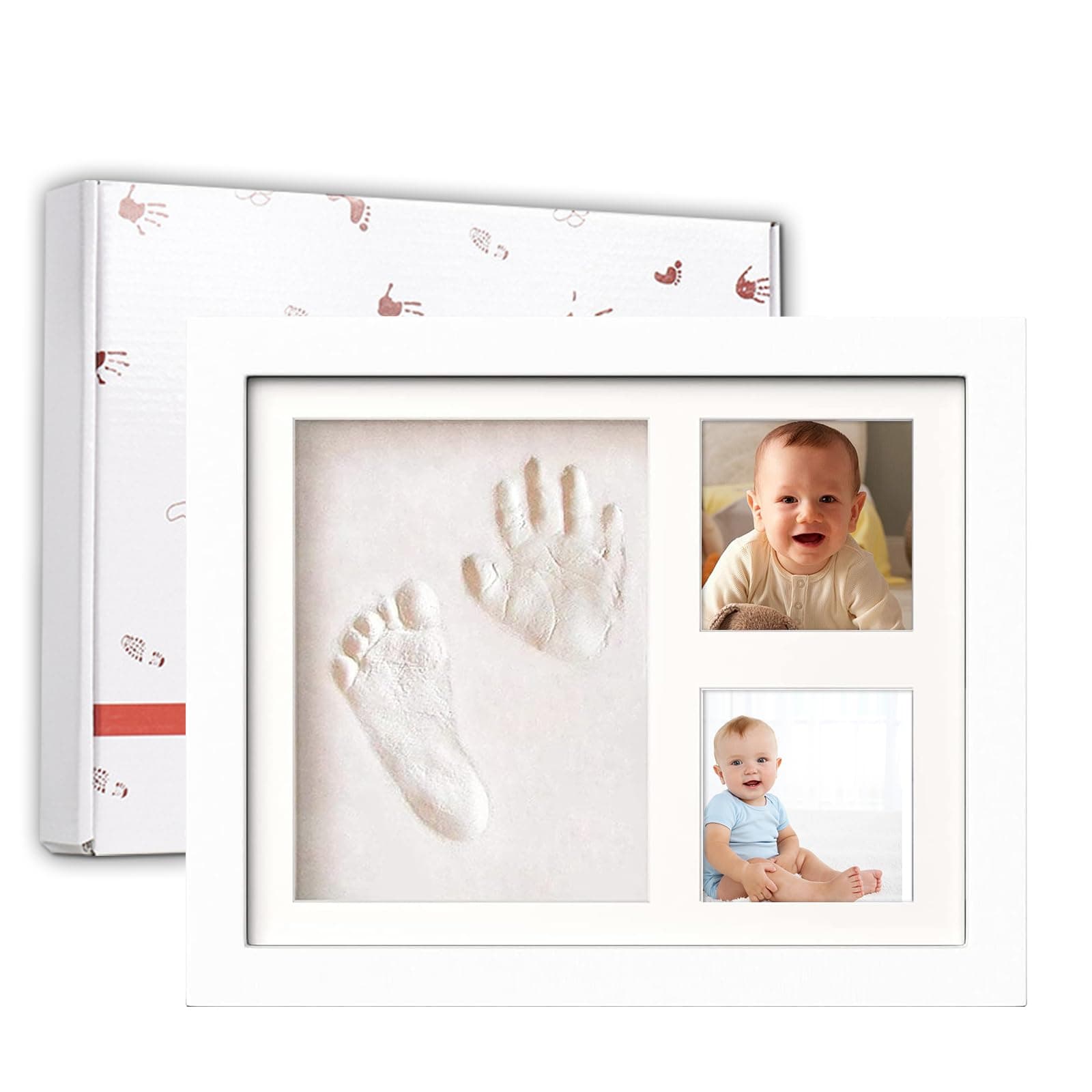 XINSUO Baby Handabdruck und Fußabdruck Set – Gipsabdruck-Kit mit Echtholz Bilderrahmen für Neugeborene, Babyparty Geschenk, Pfotenabdruck für Katze/Hund (Weiß)