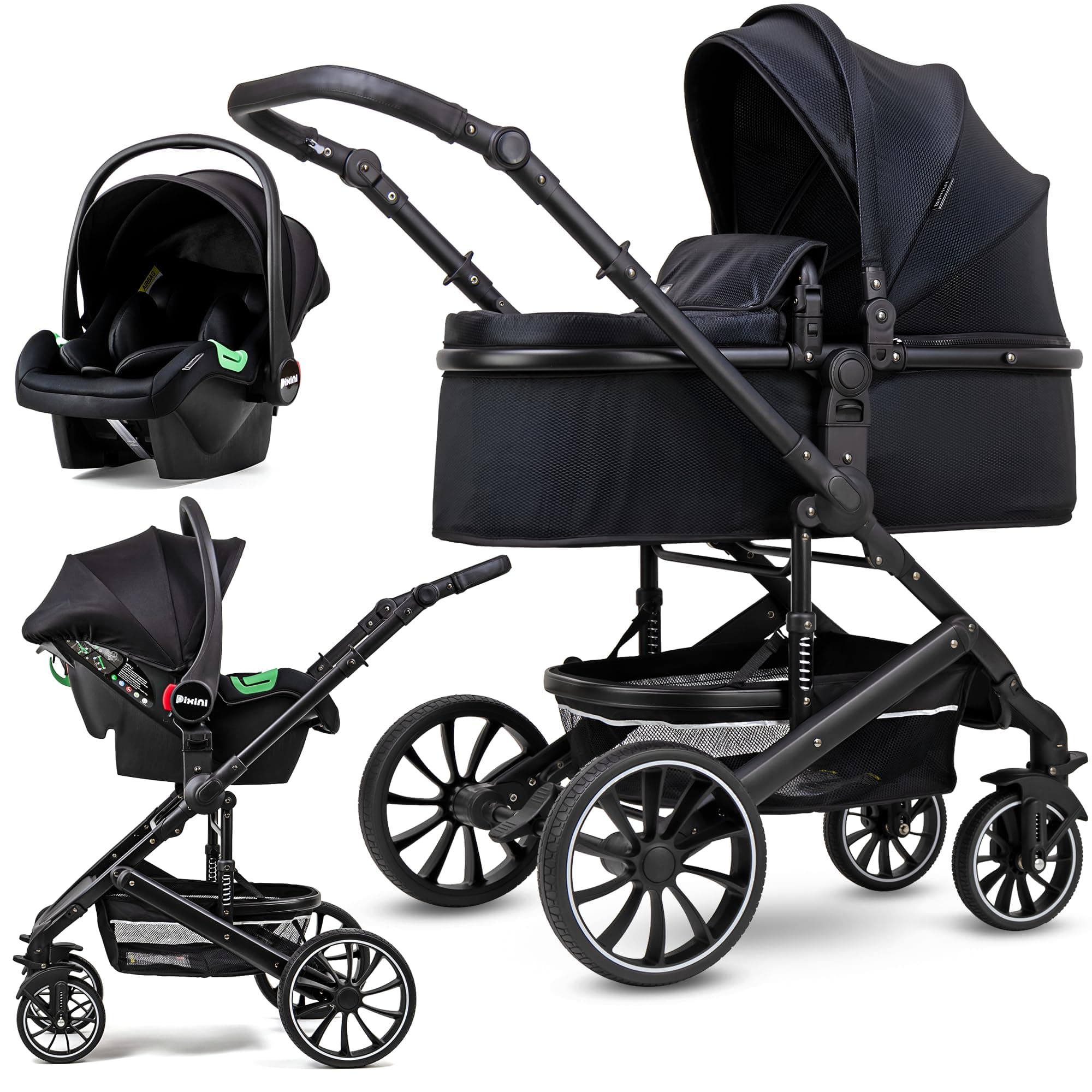 Pixini Kalani 3 in 1 Kinderwagen schwarz Premium Set inkl. Babywanne, Buggy Sportsitz, Auto-Babyschale i-Size zertifiziert – Kombikinderwagen gefedertem Gestell großem Einkaufskorb, Komfort-Fußbremse