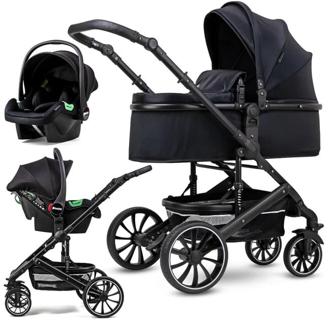 Pixini Kalani 3 in 1 Kinderwagen schwarz Premium Set inkl. Babywanne, Buggy Sportsitz, Auto-Babyschale i-Size zertifiziert – Kombikinderwagen gefedertem Gestell großem Einkaufskorb, Komfort-Fußbremse