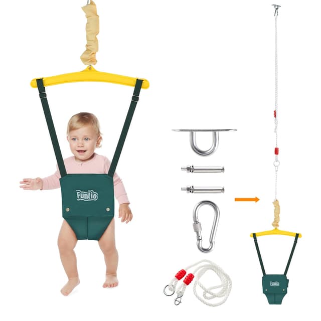 FUNLIO Baby Türhopser mit Deckenhaken für 6–24 Monate, Baby Hüpfschaukel für Drinnen und Draußen, Kleinkind Türhopser mit Verstellbarer Kette, einfach zu Montieren und Aufzubewahren - Grün