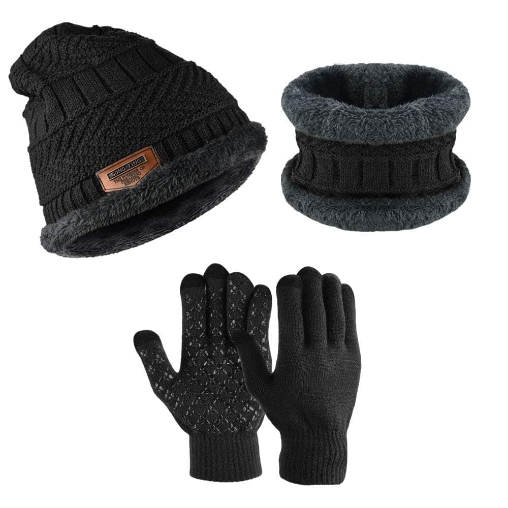 PERFETSELL Wintermütze Set Warm Strickmütze Beanie Winter Mütze Fleece Haube Damen Herren Loop Schal Nackenwärmer und Touchscreen-Handschuhe für Winter Outdoor Sport Schwarz