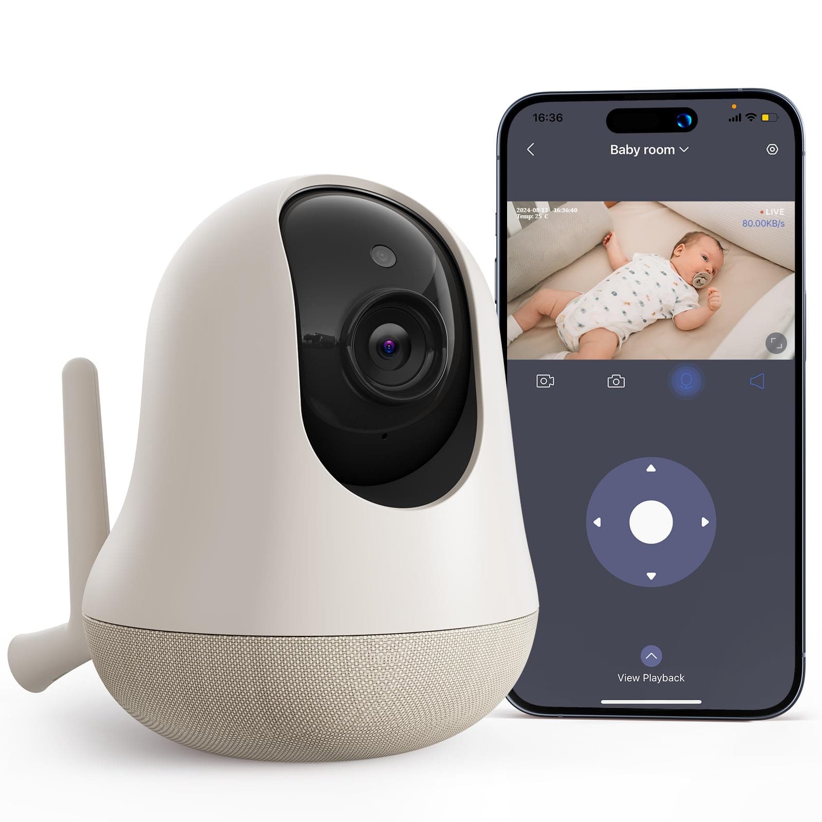 nooie Babyphone mit Kamera und App,2K intelligentes Babyfon, Temperaturüberwachung,2.4/5GHz WLAN, Nachtsicht,Zwei-Wege-Audio, Weinen/Geräuscher-kennung, KI-Tracking, funktioniert mit Alexa
