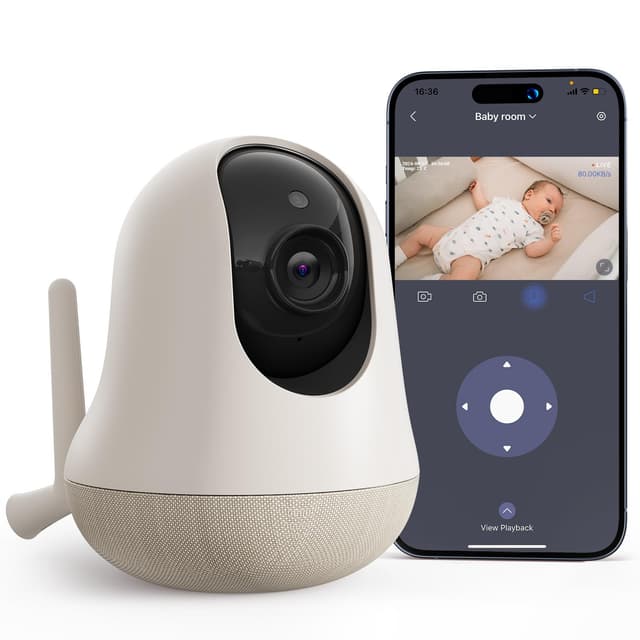 nooie Babyphone mit Kamera und App,2K intelligentes Babyfon, Temperaturüberwachung,2.4/5GHz WLAN, Nachtsicht,Zwei-Wege-Audio, Weinen/Geräuscher-kennung, KI-Tracking, funktioniert mit Alexa
